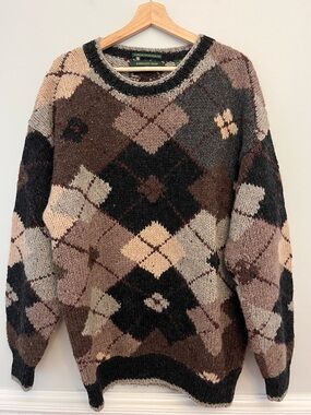 Embassy Row Hand Knit Shetland Wool Argyle Pullover Sweater, Size XL
